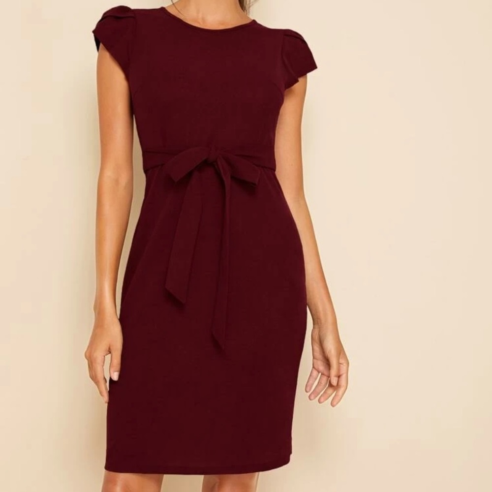 Petal short sleeve belted sheath dress dark green - Picture 6 of 8